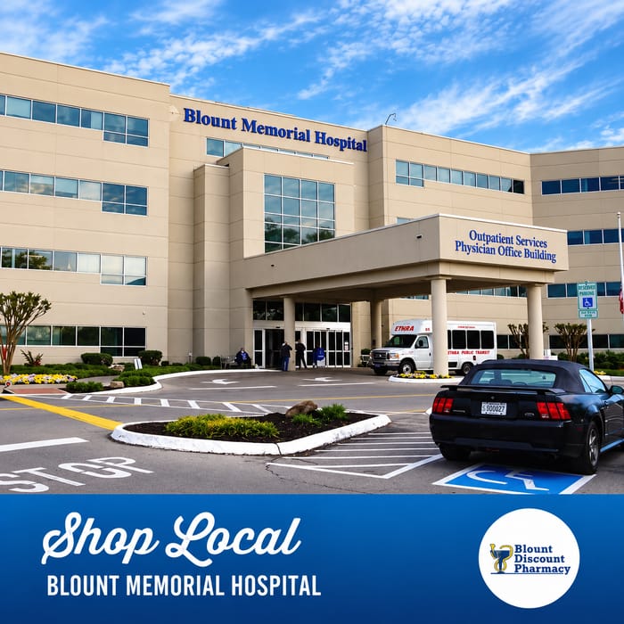 Blount Memorial Hospital entrance with Shop Local branding