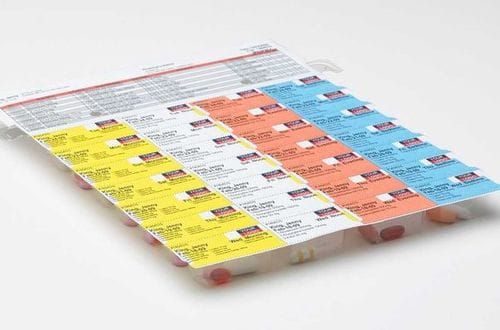Dispill® multi-dose medication packaging with labeled, color-coded compartments